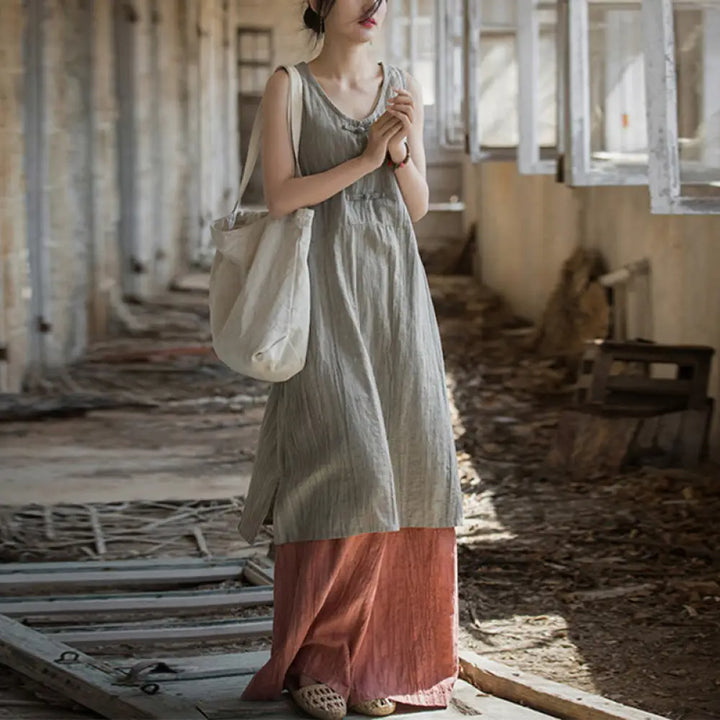 Buddha Stones Frog-Button Sleeveless Cami Midi Dress Ramie Linen Wide Leg Pants With Pockets - Linen Dress&amp;Red Pants