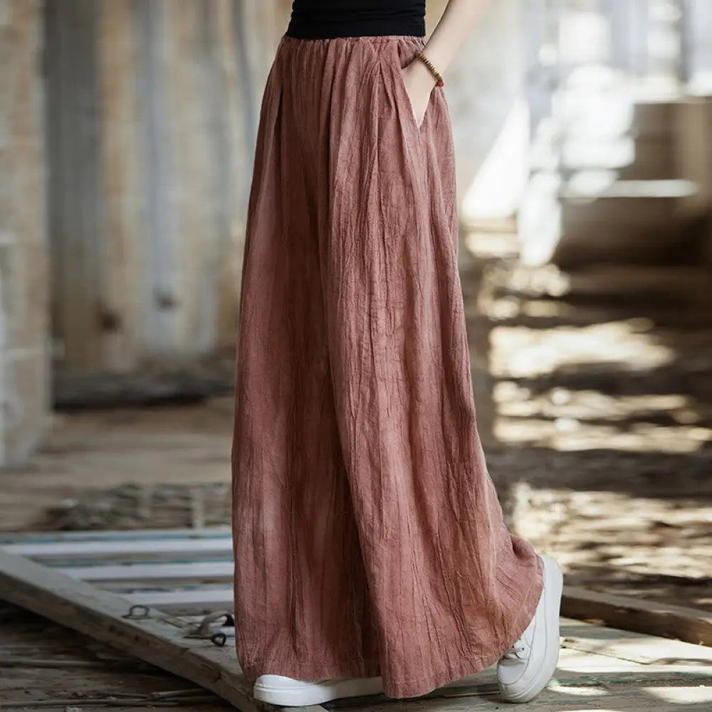 Buddha Stones Frog-Button Sleeveless Cami Midi Dress Ramie Linen Wide Leg Pants With Pockets - Red Pants