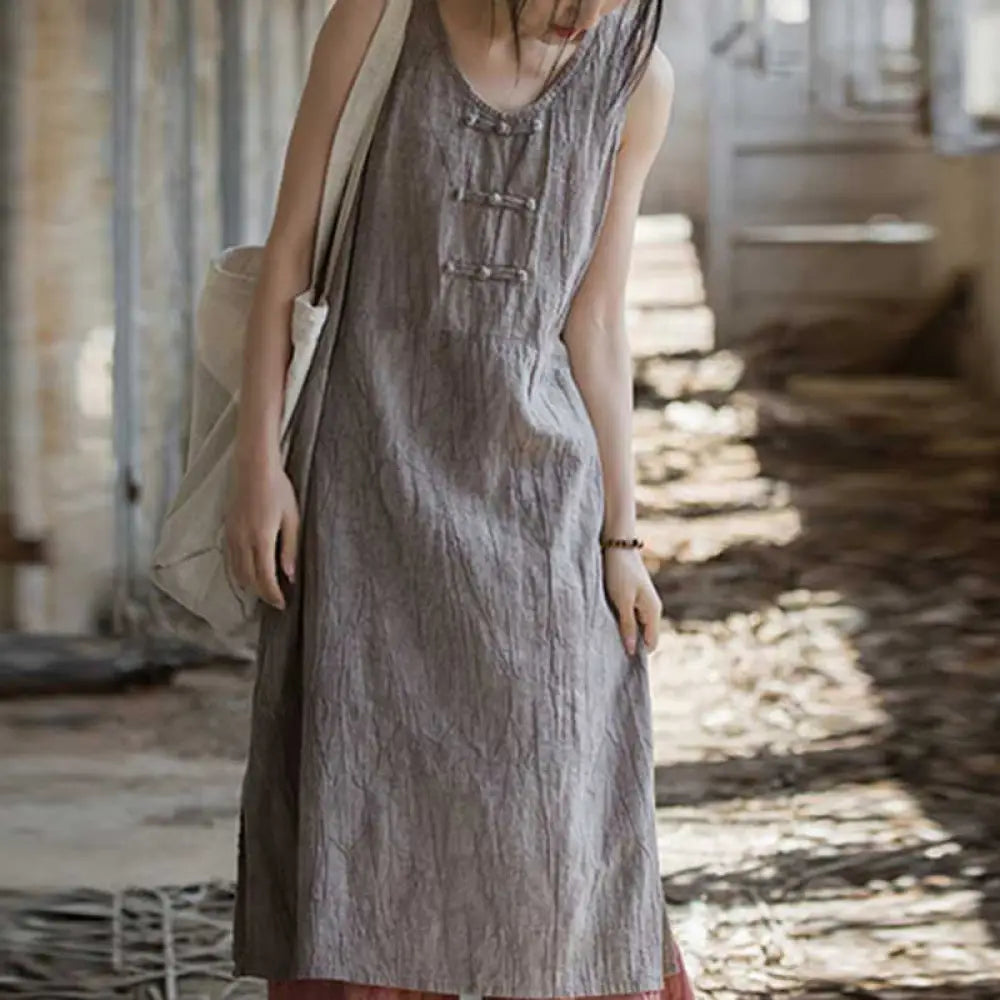 Buddha Stones Frog-Button Sleeveless Cami Midi Dress Ramie Linen Wide Leg Pants With Pockets - Thistle Dress(Dress