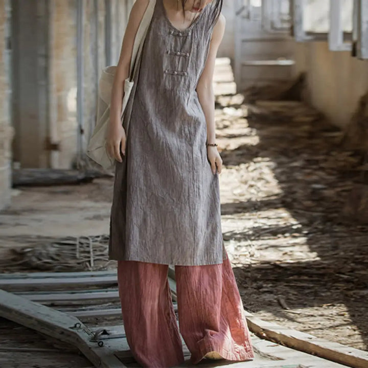 Buddha Stones Frog-Button Sleeveless Cami Midi Dress Ramie Linen Wide Leg Pants With Pockets - Thistle Dress&amp;Red Pants