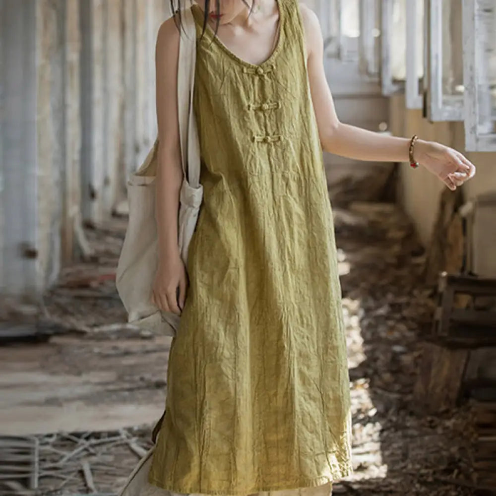 Buddha Stones Frog-Button Sleeveless Cami Midi Dress Ramie Linen Wide Leg Pants With Pockets - Yellow Dress(Dress Only)