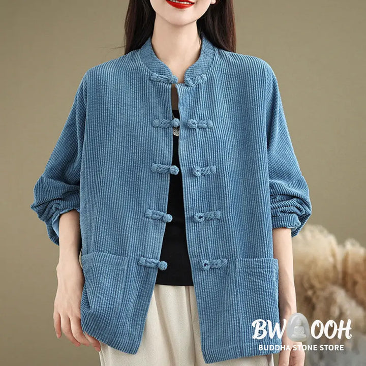 Buddha Stones Frog-button Stand Collar Women’s Corduroy Jacket - Women’s Jacket