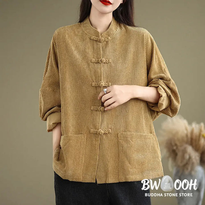Buddha Stones Frog-button Stand Collar Women’s Corduroy Jacket - Women’s Jacket
