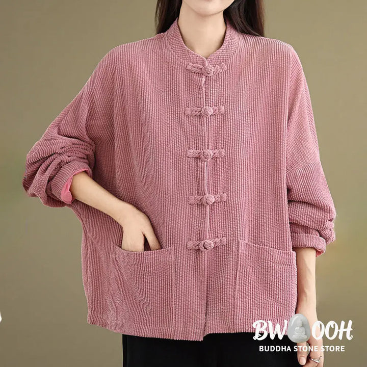 Buddha Stones Frog-button Stand Collar Women’s Corduroy Jacket - Women’s Jacket