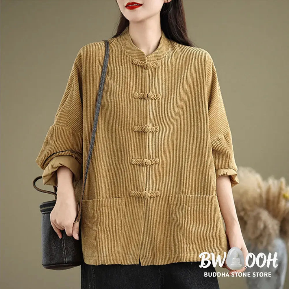 Buddha Stones Frog-button Stand Collar Women’s Corduroy Jacket - Women’s Jacket