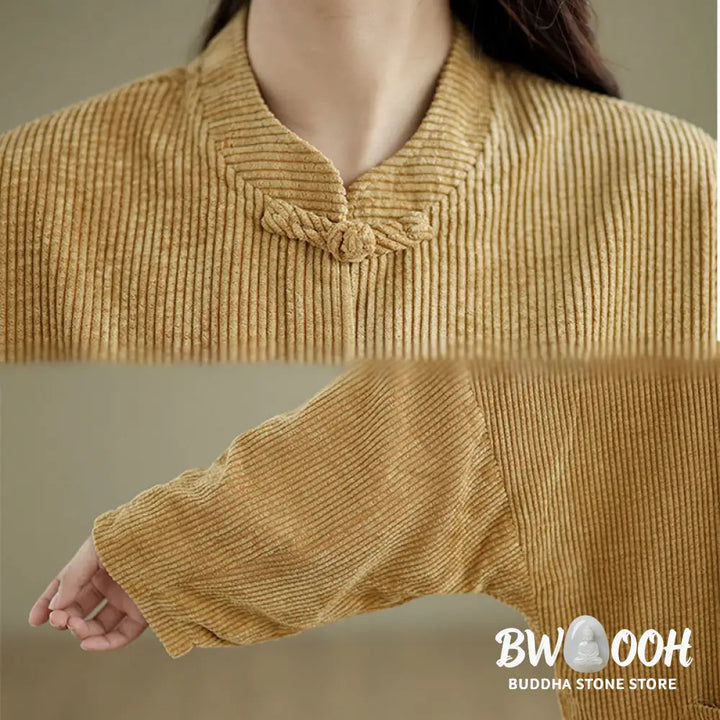 Buddha Stones Frog-button Stand Collar Women’s Corduroy Jacket - Women’s Jacket