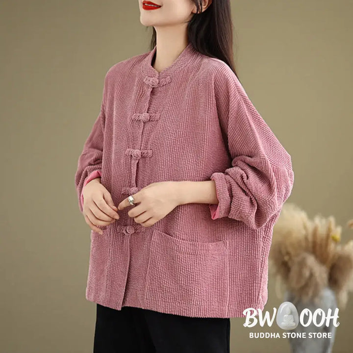 Buddha Stones Frog-button Stand Collar Women’s Corduroy Jacket - Women’s Jacket