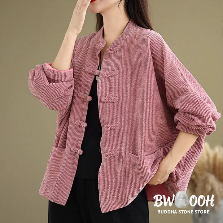 Buddha Stones Frog-button Stand Collar Women’s Corduroy Jacket - Women’s Jacket
