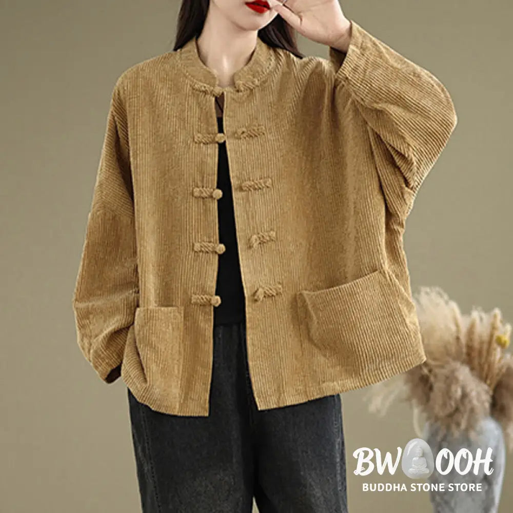 Buddha Stones Frog-button Stand Collar Women’s Corduroy Jacket - Women’s Jacket