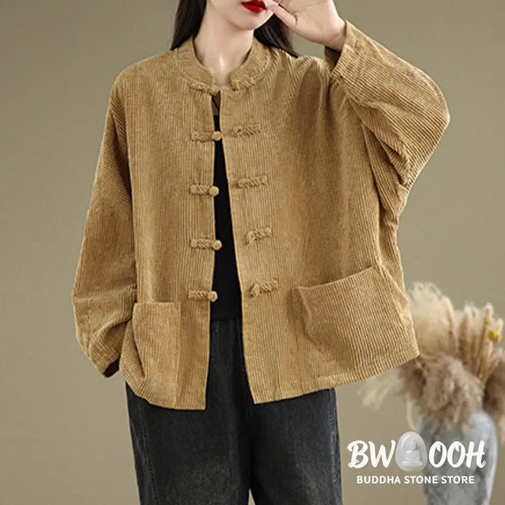 Buddha Stones Frog-button Stand Collar Women’s Corduroy Jacket - Women’s Jacket