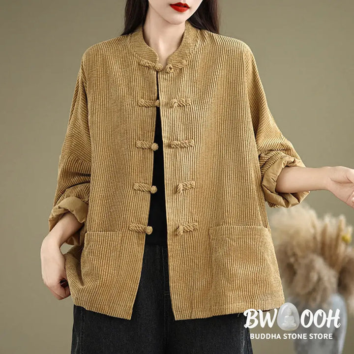 Buddha Stones Frog-button Stand Collar Women’s Corduroy Jacket - Women’s Jacket