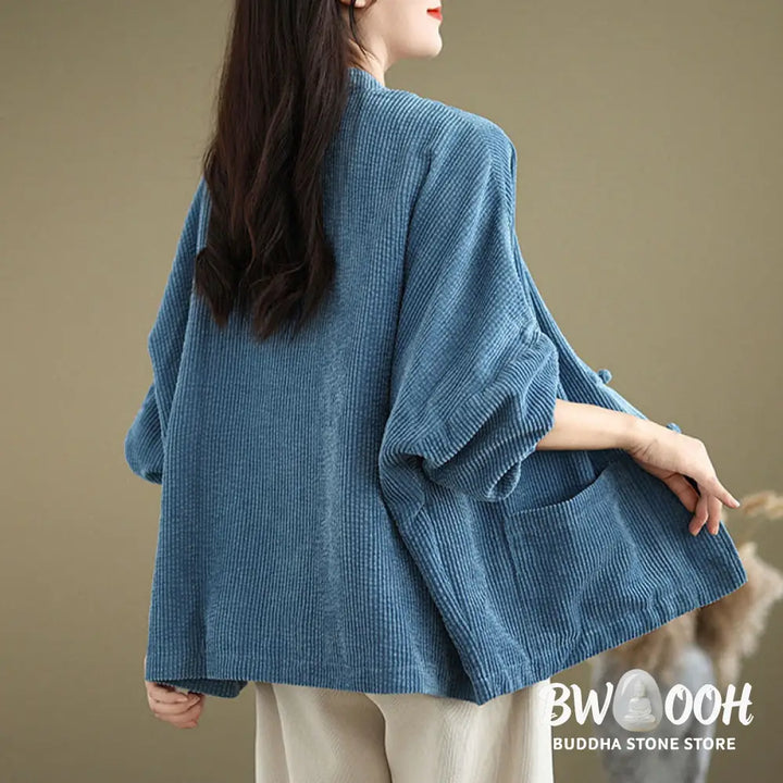 Buddha Stones Frog-button Stand Collar Women’s Corduroy Jacket - Women’s Jacket