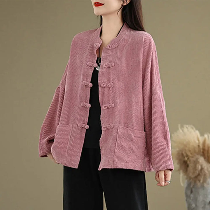 Buddha Stones Frog-button Stand Collar Women’s Corduroy Jacket - PaleVioletRed / US6，UK/AU10，EU38 (M) - Women’s Jacket