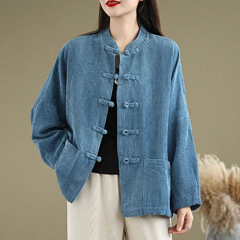 Buddha Stones Frog-button Stand Collar Women’s Corduroy Jacket - SteelBlue / US6，UK/AU10，EU38 (M) - Women’s Jacket