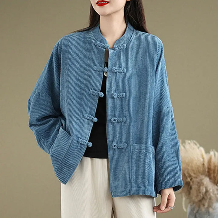 Buddha Stones Frog-button Stand Collar Women’s Corduroy Jacket - SteelBlue / US6，UK/AU10，EU38 (M) - Women’s Jacket