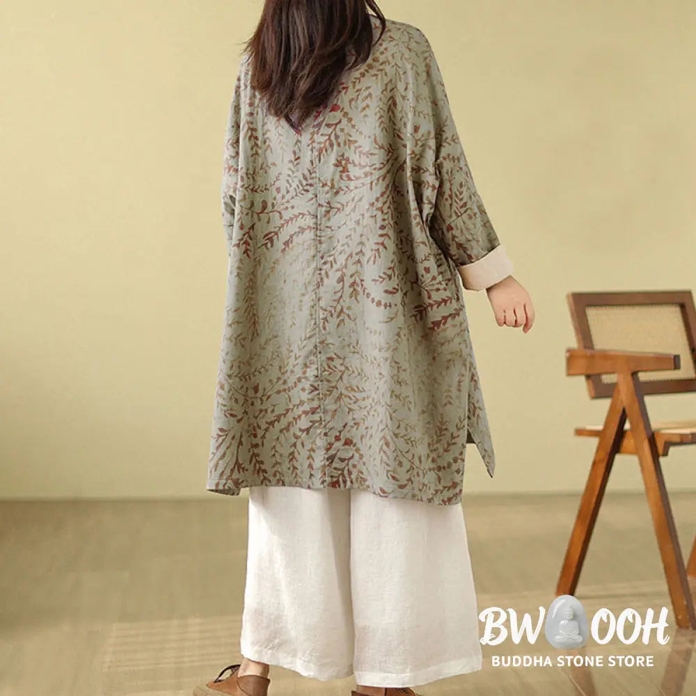Buddha Stones Frog-button Vine Leaves Women’s Coat With Pockets - Women’s Coat