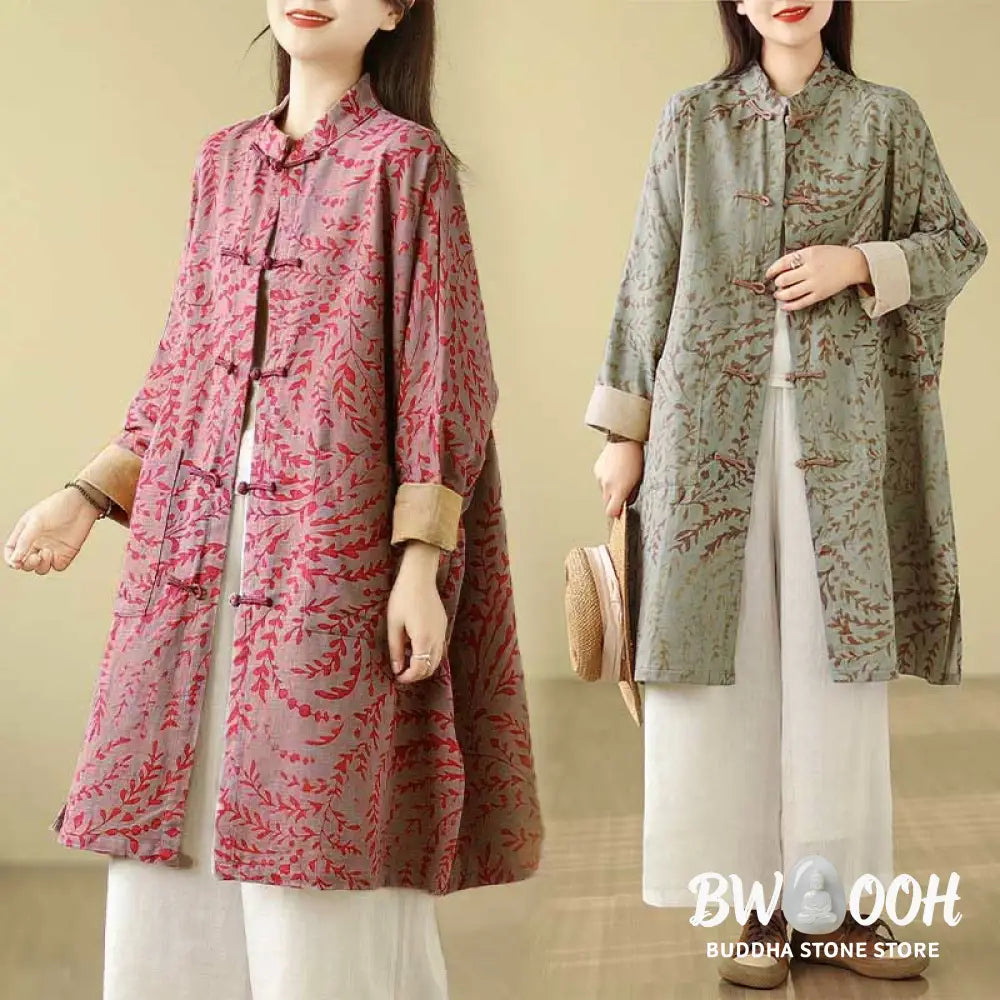 Buddha Stones Frog-button Vine Leaves Women’s Coat With Pockets - Women’s Coat