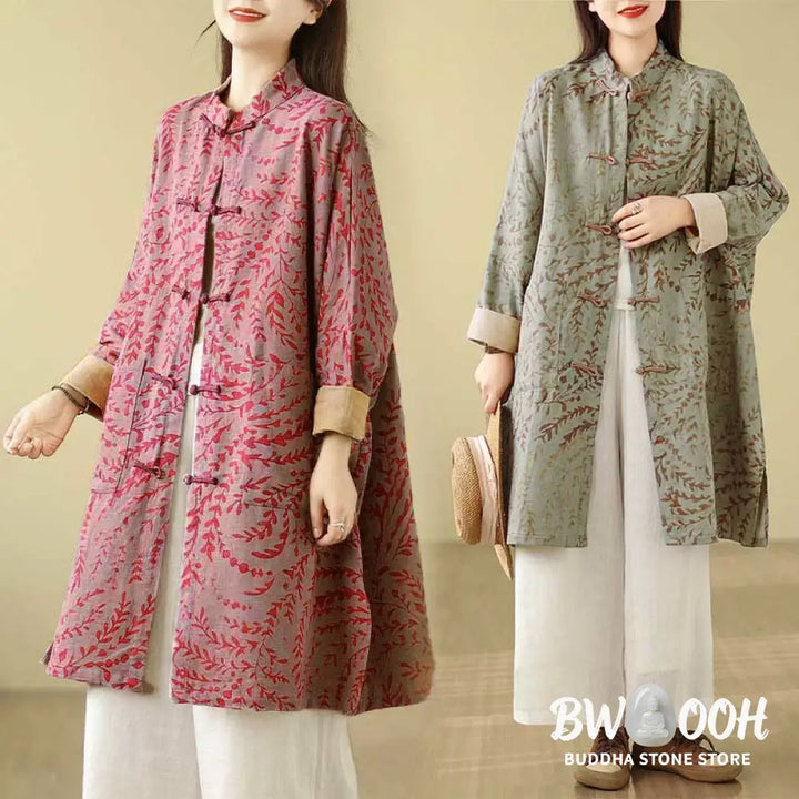 Buddha Stones Frog-button Vine Leaves Women’s Coat With Pockets - Women’s Coat