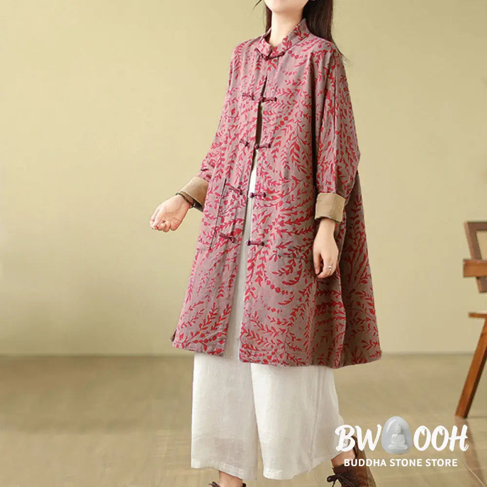 Buddha Stones Frog-button Vine Leaves Women’s Coat With Pockets - Women’s Coat