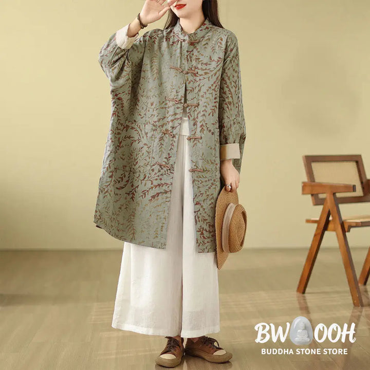 Buddha Stones Frog-button Vine Leaves Women’s Coat With Pockets - Women’s Coat