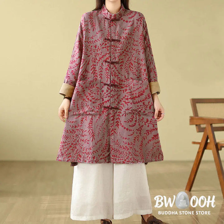 Buddha Stones Frog-button Vine Leaves Women’s Coat With Pockets - Women’s Coat