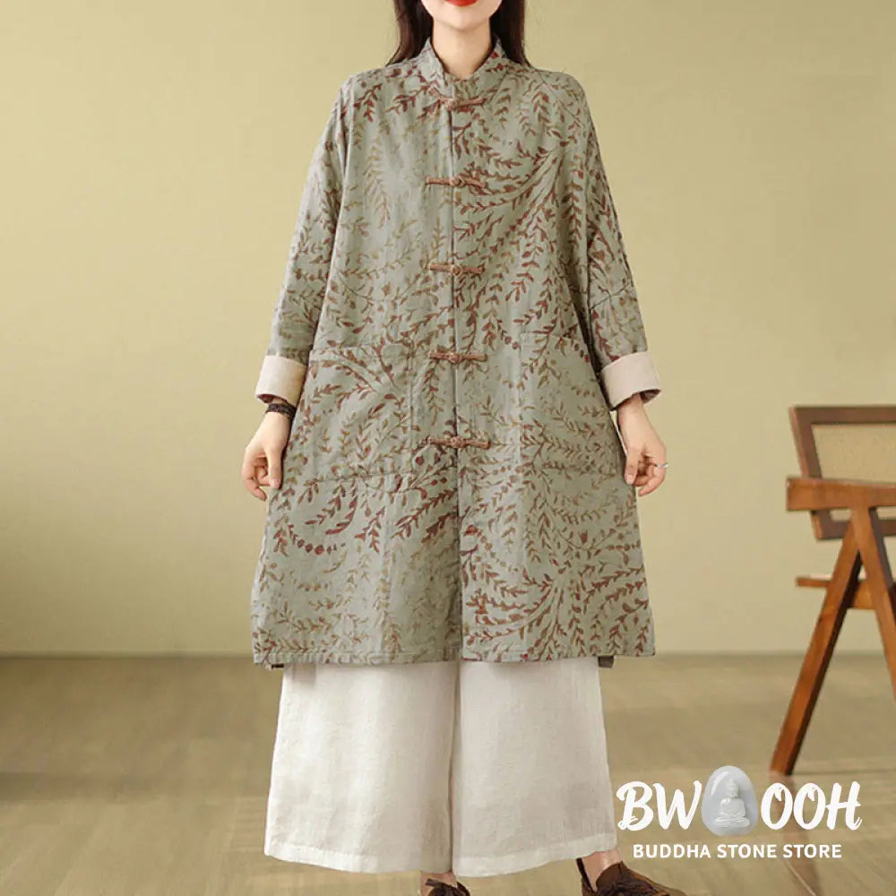 Buddha Stones Frog-button Vine Leaves Women’s Coat With Pockets - Women’s Coat