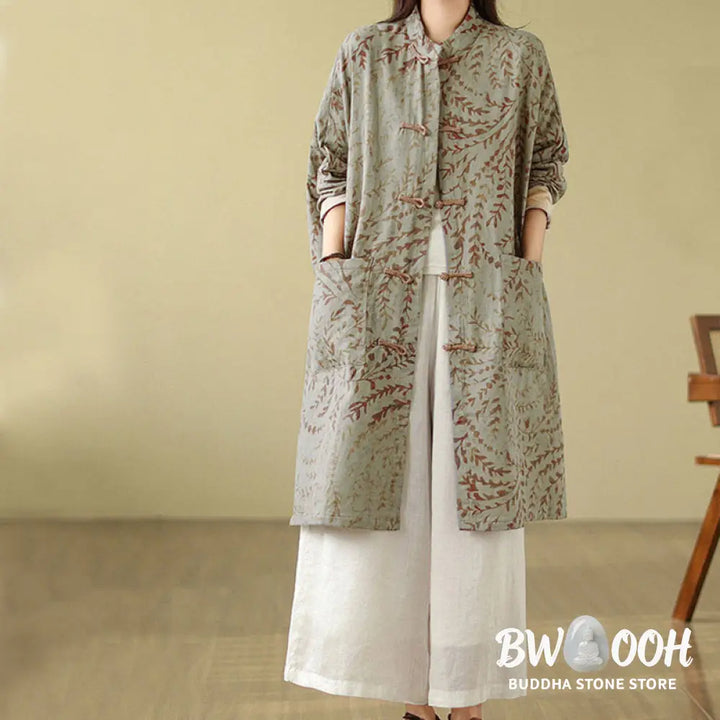 Buddha Stones Frog-button Vine Leaves Women’s Coat With Pockets - Women’s Coat