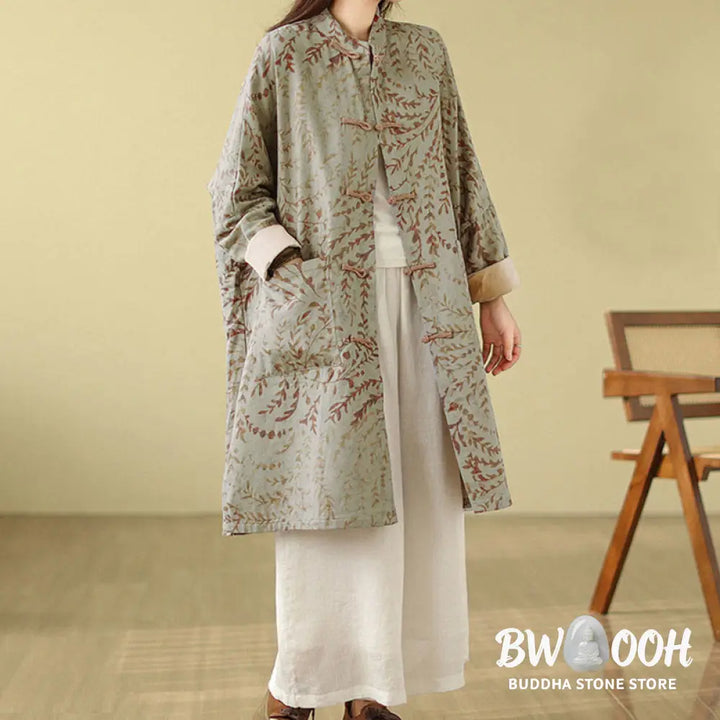Buddha Stones Frog-button Vine Leaves Women’s Coat With Pockets - Women’s Coat