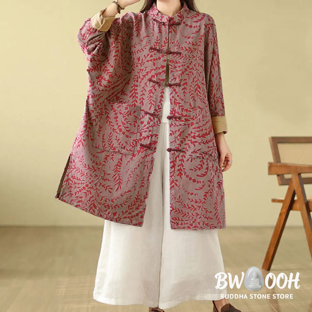 Buddha Stones Frog-button Vine Leaves Women’s Coat With Pockets - Women’s Coat