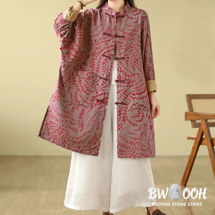 Buddha Stones Frog-button Vine Leaves Women’s Coat With Pockets - Women’s Coat