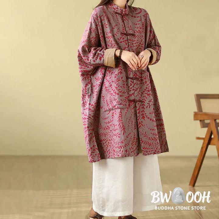 Buddha Stones Frog-button Vine Leaves Women’s Coat With Pockets - Women’s Coat