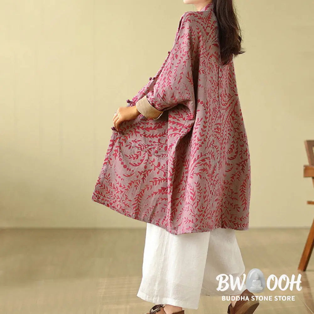 Buddha Stones Frog-button Vine Leaves Women’s Coat With Pockets - Women’s Coat