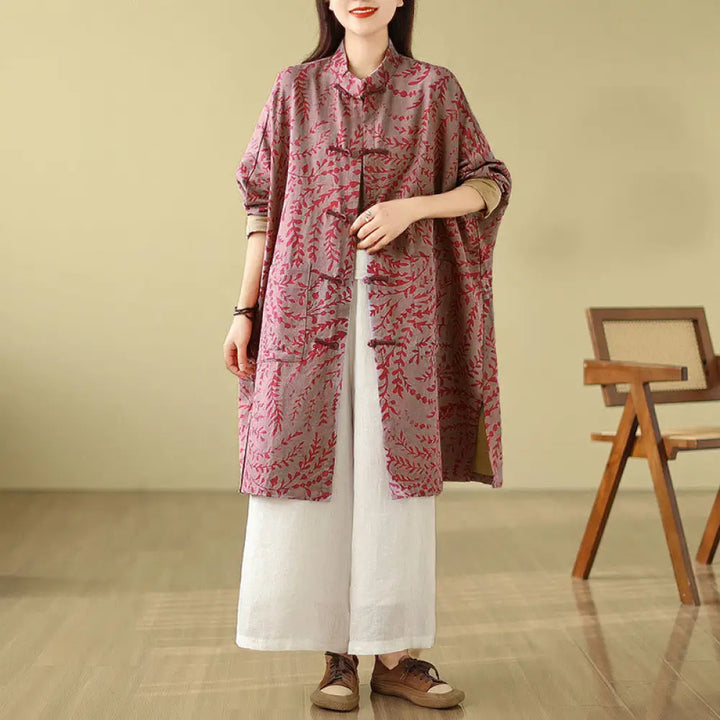 Buddha Stones Frog-button Vine Leaves Women’s Coat With Pockets - PaleVioletRed / US6，UK/AU10，EU38 (M) - Women’s Coat