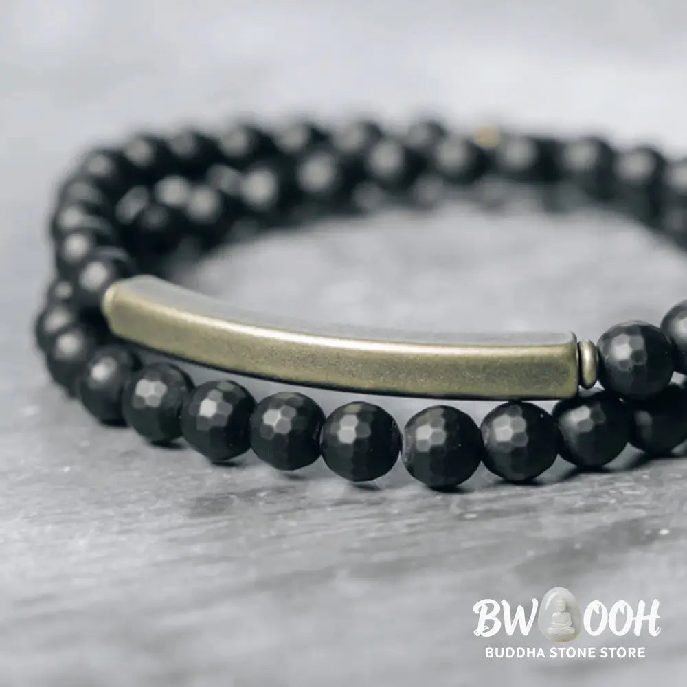 Buddha Stones Frosted Cut Surface Black Onyx Copper Brass Double Wrap Protection Bracelet - BWOOOH - Bracelet