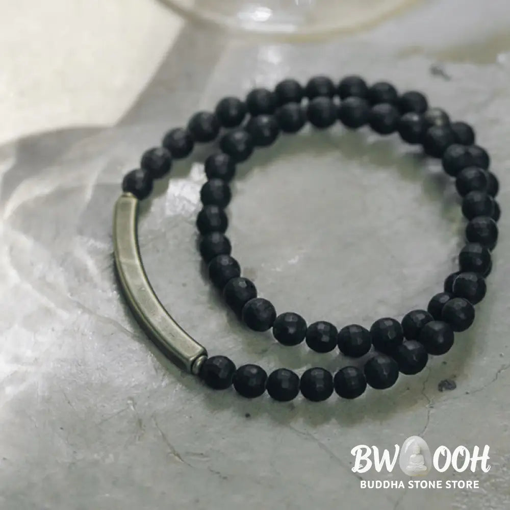 Buddha Stones Frosted Cut Surface Black Onyx Copper Brass Double Wrap Protection Bracelet - BWOOOH - Bracelet