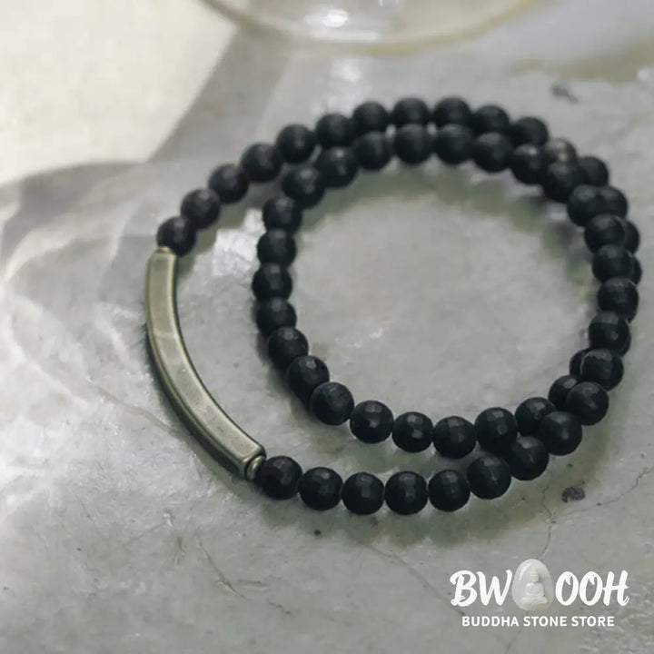 Buddha Stones Frosted Cut Surface Black Onyx Copper Brass Double Wrap Protection Bracelet - BWOOOH - Bracelet