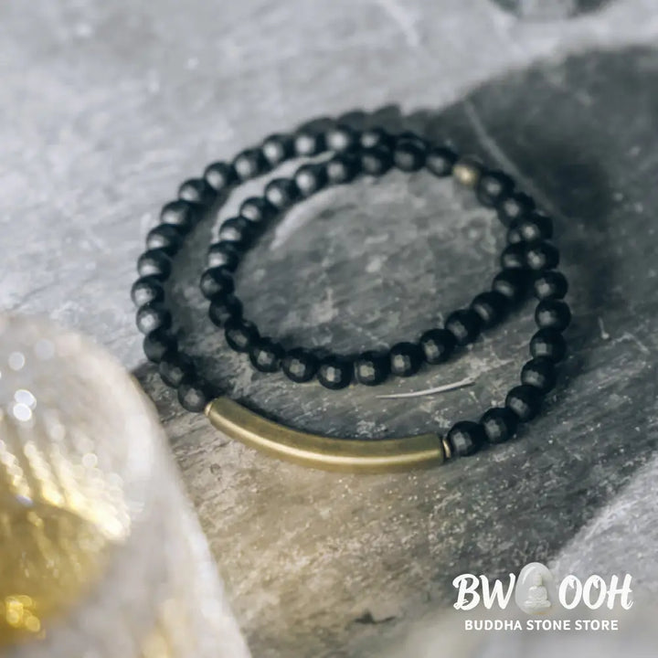 Buddha Stones Frosted Cut Surface Black Onyx Copper Brass Double Wrap Protection Bracelet - BWOOOH - Bracelet