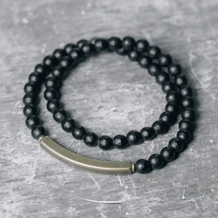 BWOOOH Frosted Cut Surface Black Onyx Copper Brass Double Wrap Protection Bracelet - BWOOOH - Black Onyx Brass