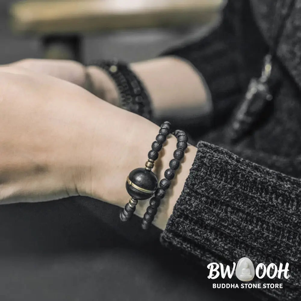 Buddha Stones Frosted Cut Surface Black Onyx Ebony Beads Double Wrap Protection Bracelet - BWOOOH - Bracelet