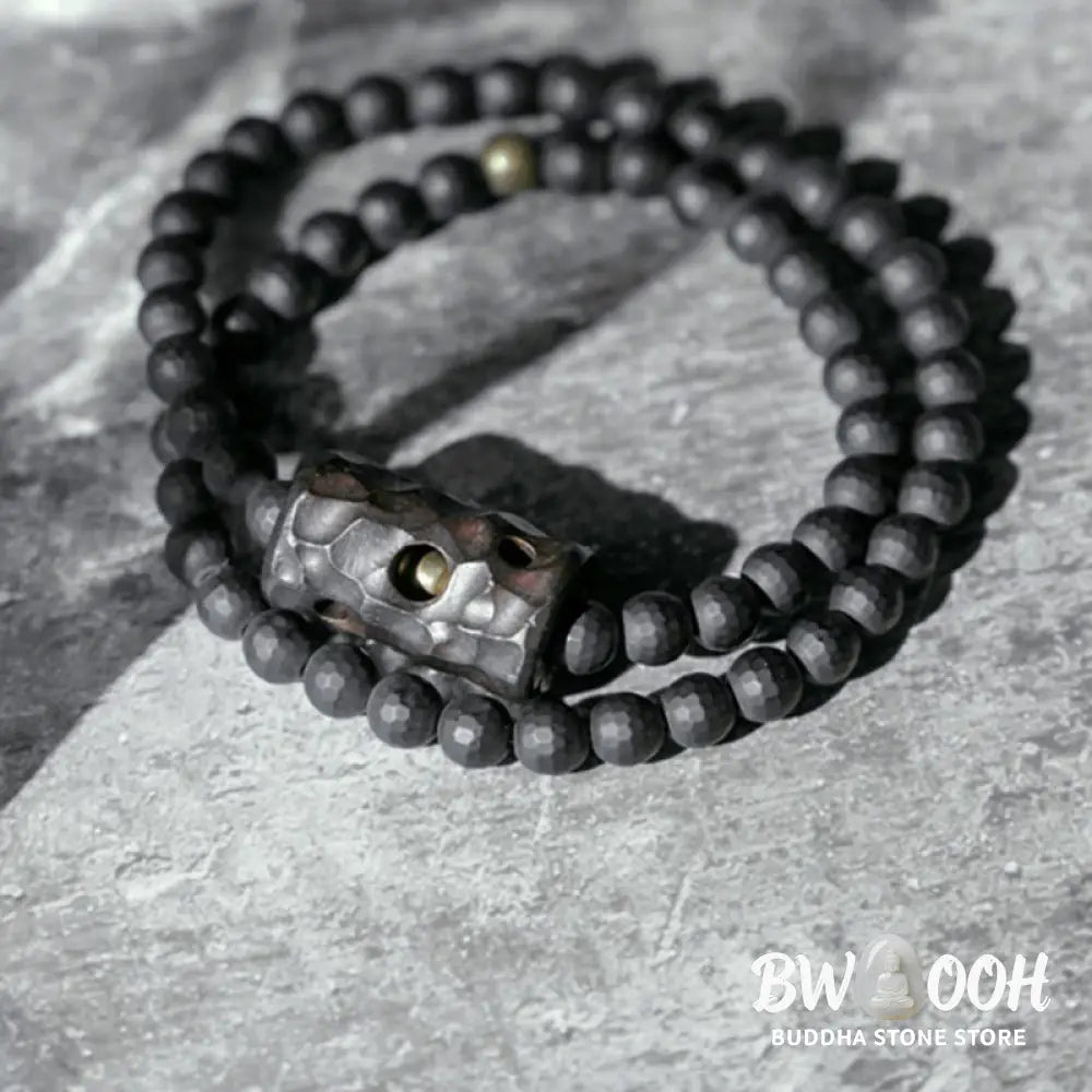 Buddha Stones Frosted Cut Surface Black Onyx Ebony Double Wrap Protection Bracelet - BWOOOH - Bracelet