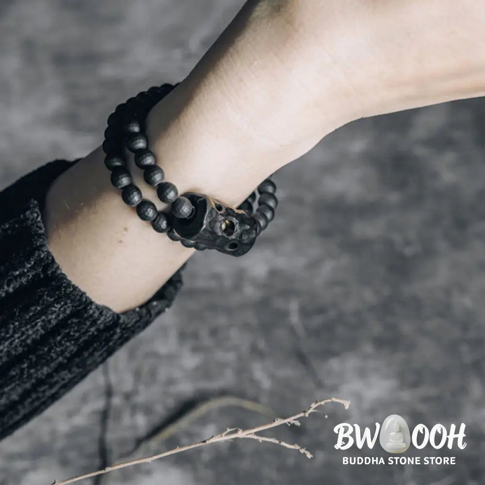 Buddha Stones Frosted Cut Surface Black Onyx Ebony Double Wrap Protection Bracelet - BWOOOH - Bracelet