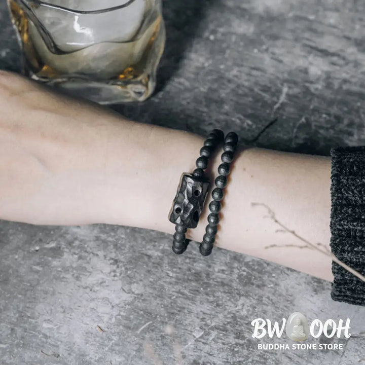 Buddha Stones Frosted Cut Surface Black Onyx Ebony Double Wrap Protection Bracelet - BWOOOH - Bracelet