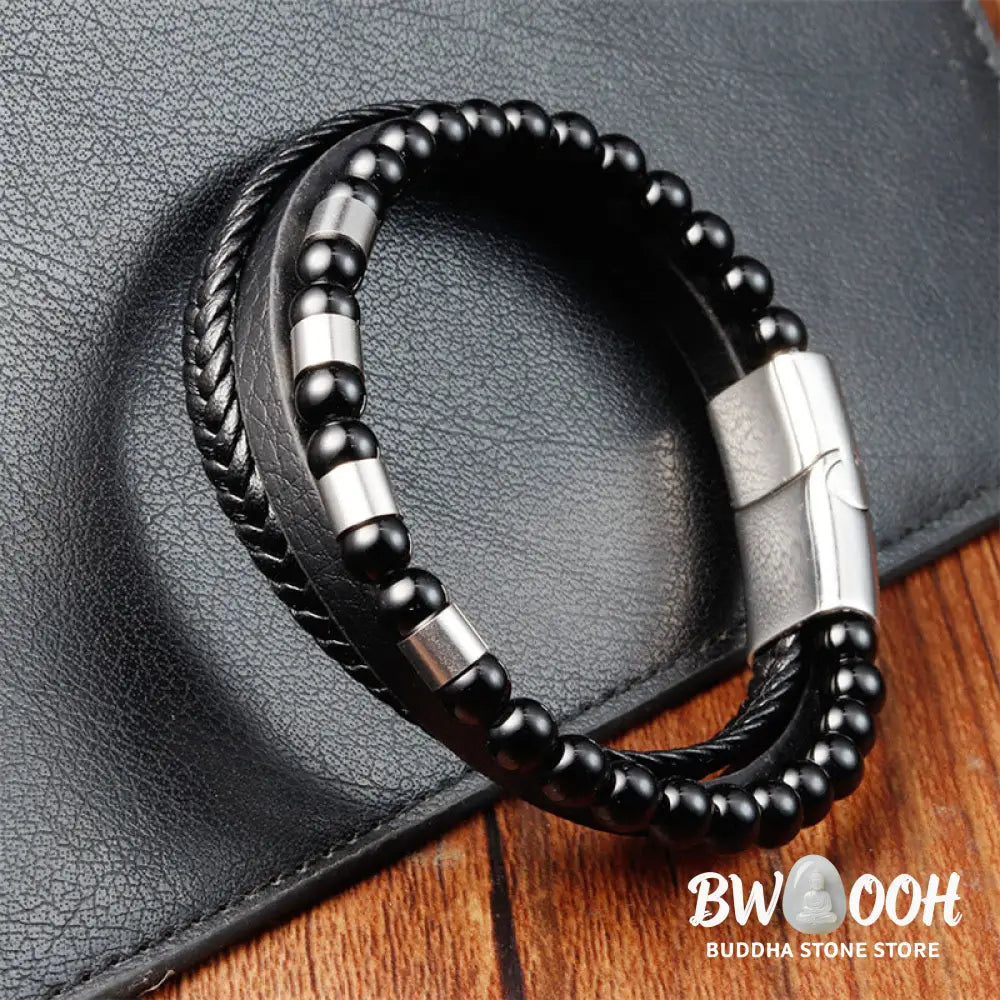 Buddha Stones Frosted Stone Multi-layer Leather Titanium Steel Balance Buckle Bracelet - BWOOOH - Bracelet