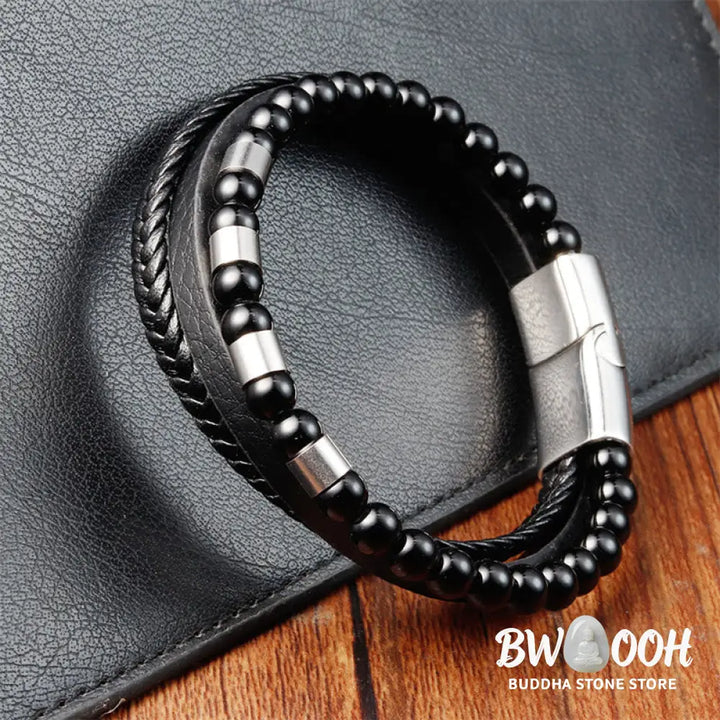 Buddha Stones Frosted Stone Multi-layer Leather Titanium Steel Balance Buckle Bracelet - BWOOOH - Bracelet