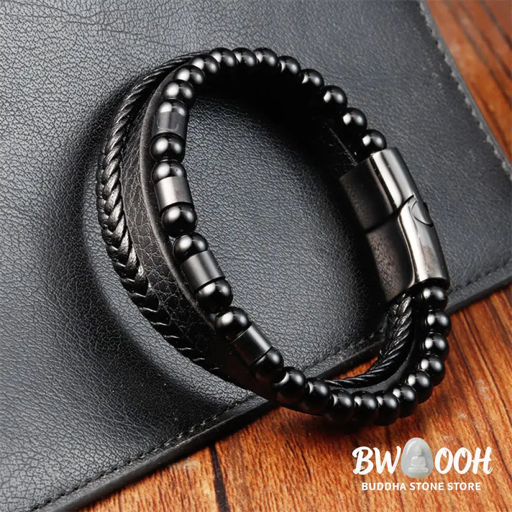 Buddha Stones Frosted Stone Multi-layer Leather Titanium Steel Balance Buckle Bracelet - BWOOOH - Bracelet