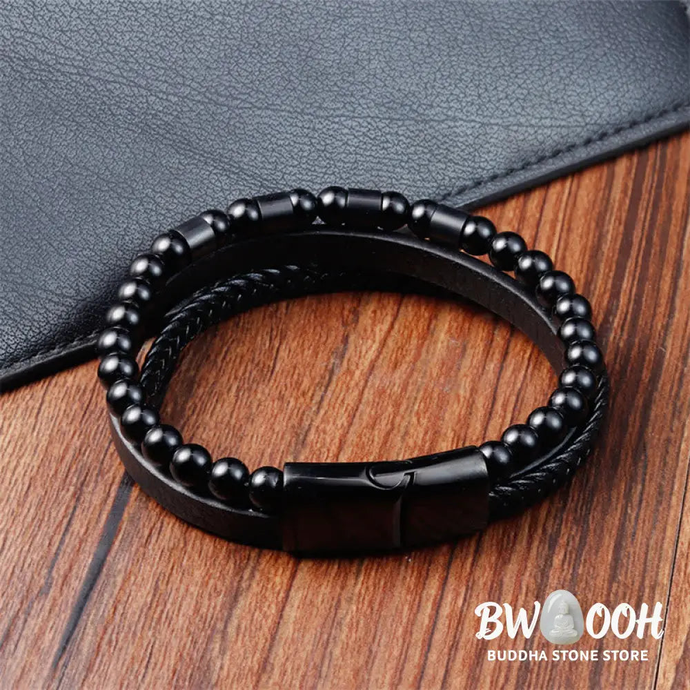 Buddha Stones Frosted Stone Multi-layer Leather Titanium Steel Balance Buckle Bracelet - BWOOOH - Bracelet