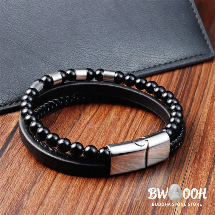 Buddha Stones Frosted Stone Multi-layer Leather Titanium Steel Balance Buckle Bracelet - BWOOOH - Bracelet