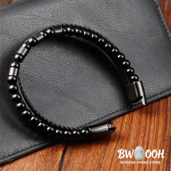 Buddha Stones Frosted Stone Multi-layer Leather Titanium Steel Balance Buckle Bracelet - BWOOOH - Bracelet