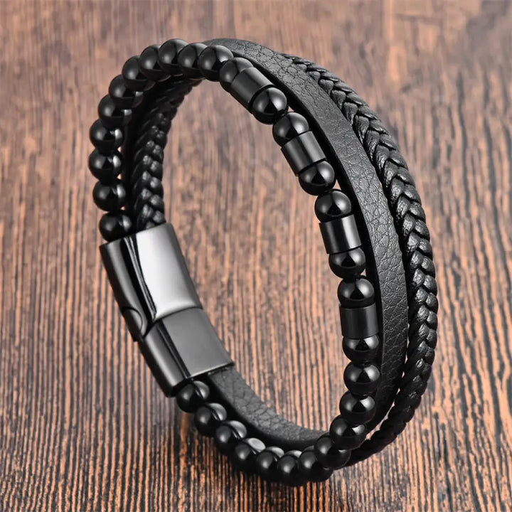 BWOOOH Frosted Stone Multi-layer Leather Titanium Steel Balance Buckle Bracelet — natural stone crystal healing bracelet f...