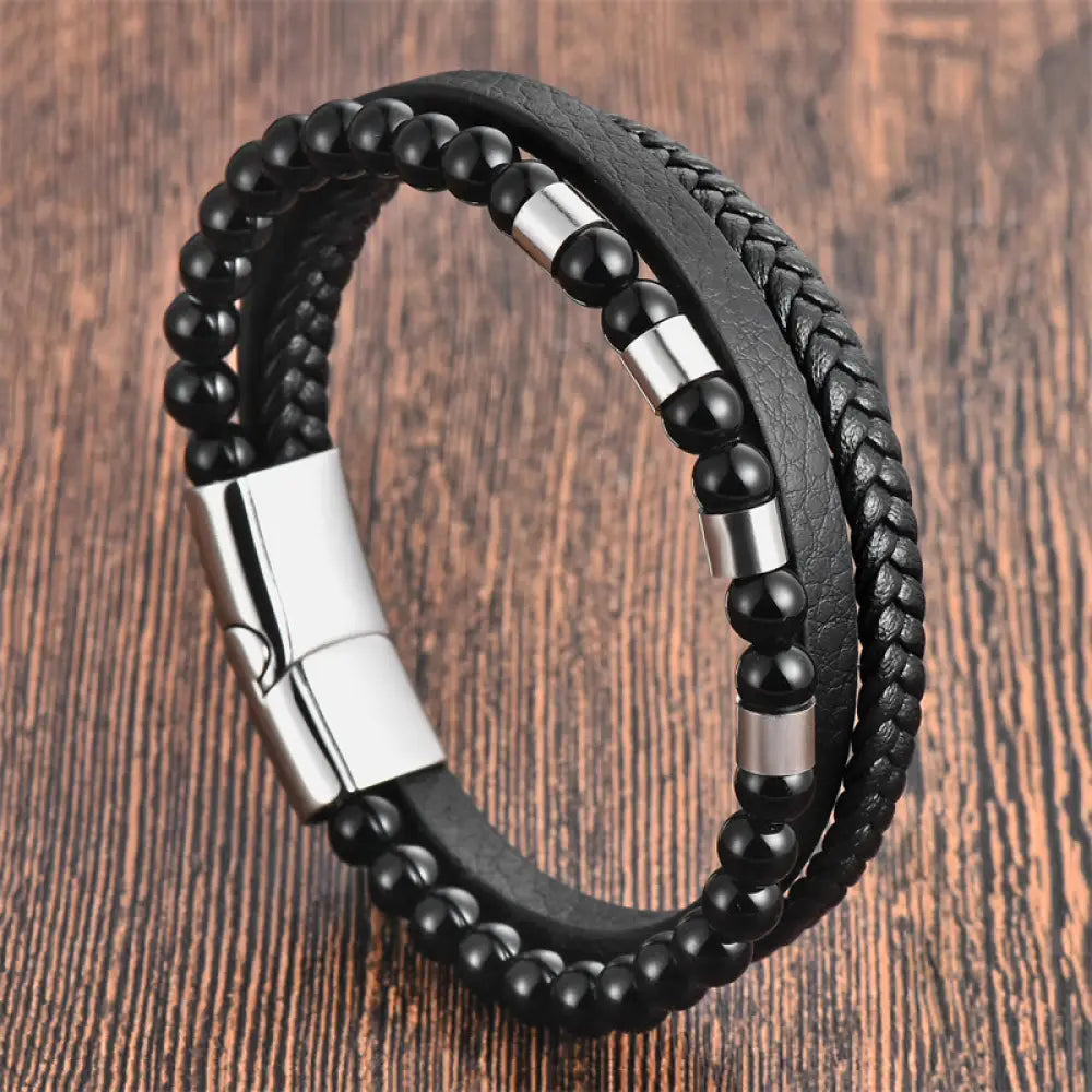 Buddha Stones Frosted Stone Multi-layer Leather Titanium Steel Balance Buckle Bracelet - BWOOOH - Silver(Wrist